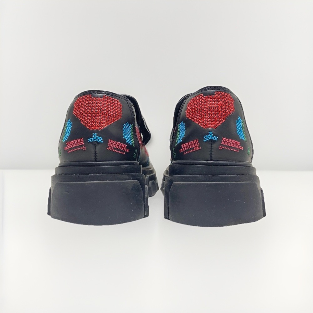 FARM Rio Black Leather Embroidered Multicolor Platform Loafers - Picture 5 of 7